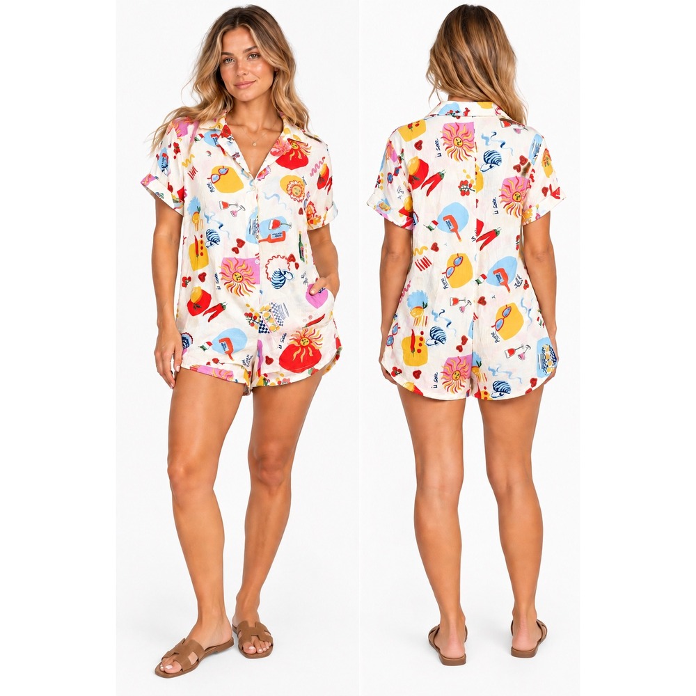 True Destinations Romper M White Italian Vacation Novelty Print Sun Wine Summer